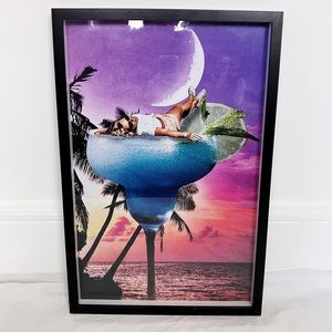 Framed wall art print beach sunset neon night tropical party girl decor vintage